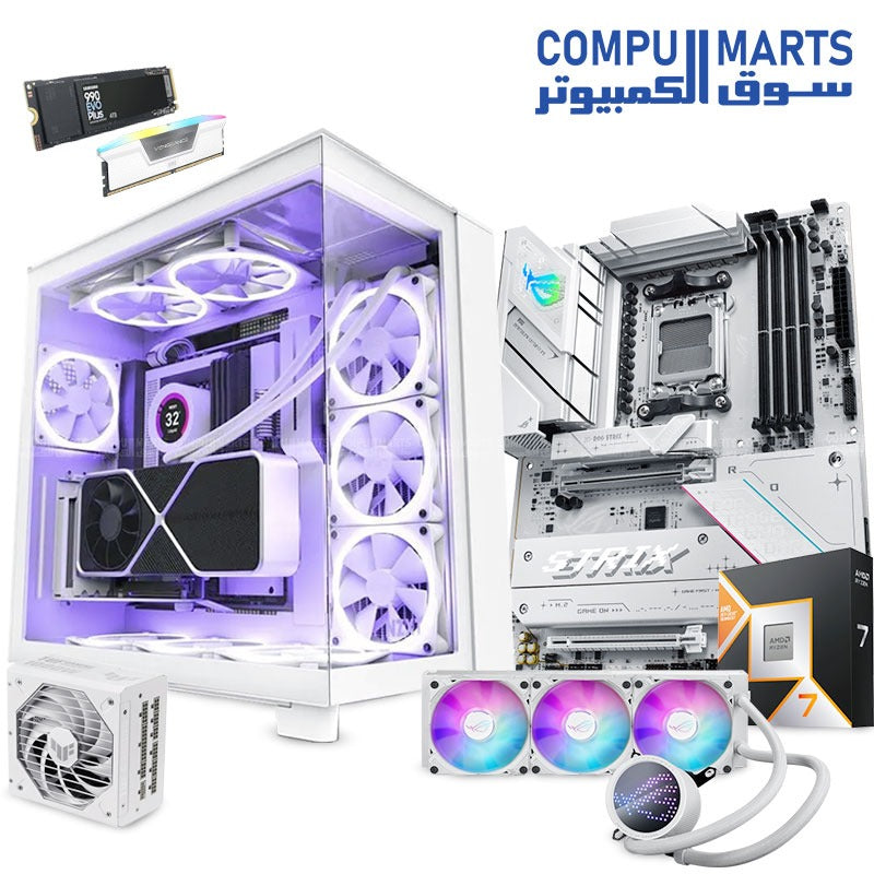 WHITE ELITE BUNDLE – AMD Ryzen 7 9800X3D Processor + ASUS ROG Strix B850-A Motherboard + 64GB DDR5 6000MHz RAM + 4TB NVMe SSD + NZXT H9 Elite Case + 1000W 80+ Gold PSU + ARCTIC Liquid Freezer III 360 ARGB Cooler – Ultra High-End White-Themed PC Build – Egypt