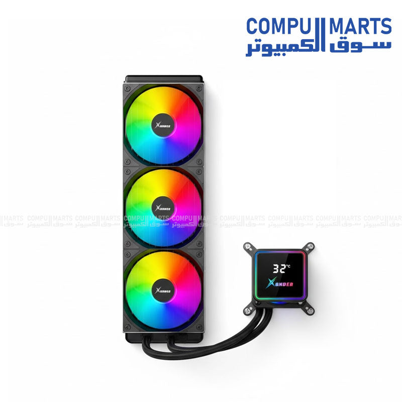 XANDER Waterwheel Digital 360 Black - White | AIO Liquid CPU Cooler with LCD Pump Head & 3×120mm ARGB PWM Fans