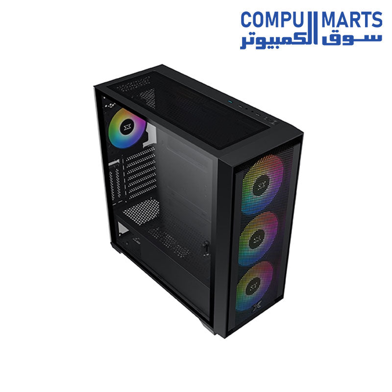 XIGMATEK ANUBIS PRO MESH ARGB black computer case with USB 3.0 and USB 2.0 front connectivity, seven expansion slots, and ATX bottom-mounted power supply support at Compumarts