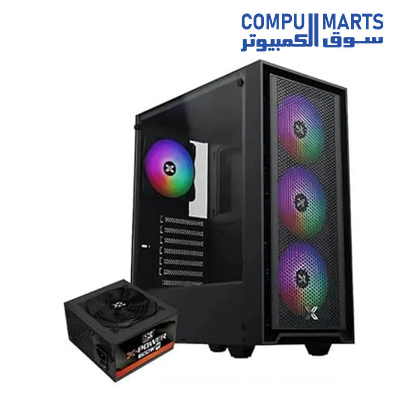 Xigmatek Amun 3F Micro Tower Case in black showcasing its tempered glass side panel and pre-installed fans.