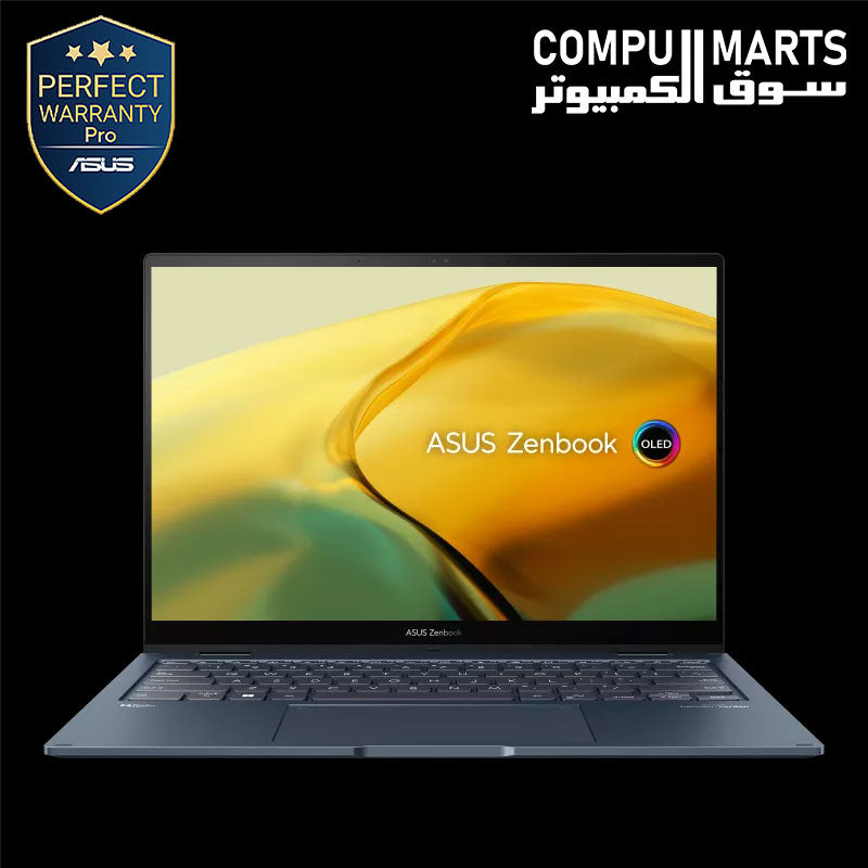 ASUS Zenbook 14 Flip OLED UP3404VA-OLED005W convertible laptop featuring Intel Core i5-1340P processor, 8GB LPDDR5 memory, 512GB PCIe 4.0 SSD, Intel Iris Xe Graphics, and 14-inch 2.8K OLED 16:10 display