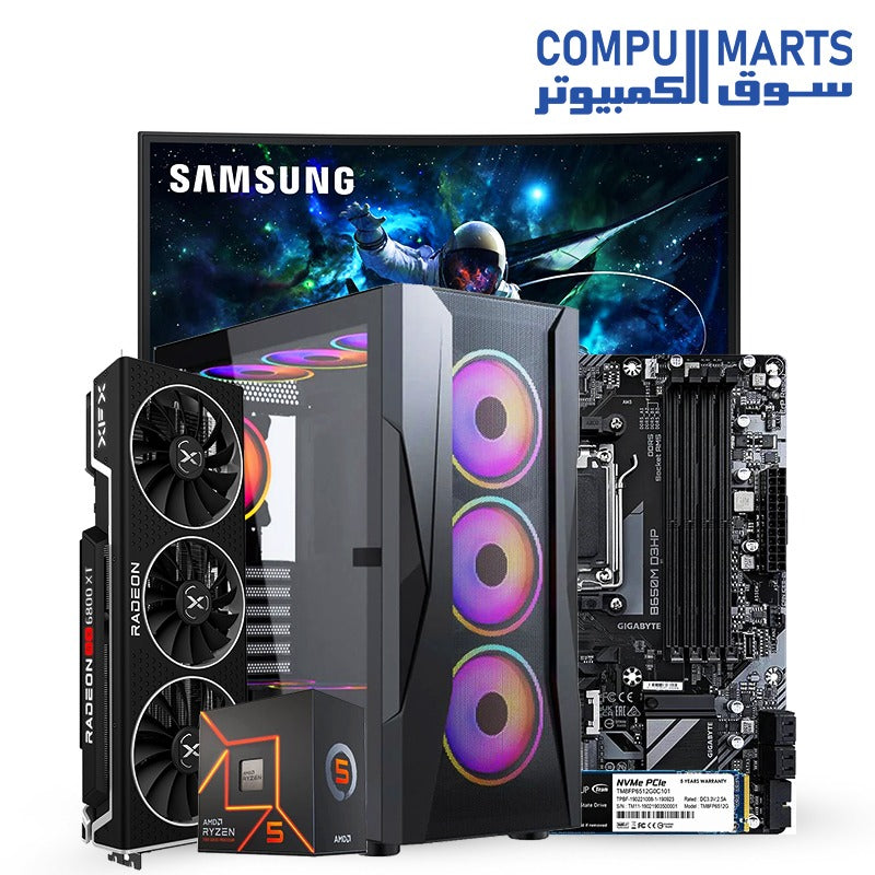 AMD Ryzen 5 7500F Processor + GIGABYTE B650M Motherboard + TEAMGROUP 16GB RAM + TEAMGROUP MP33 512GB M.2 NVMe SSD + Samsung Odyssey G5 S27 Monitor – All-in-One Performance PC Bundle – Egypt