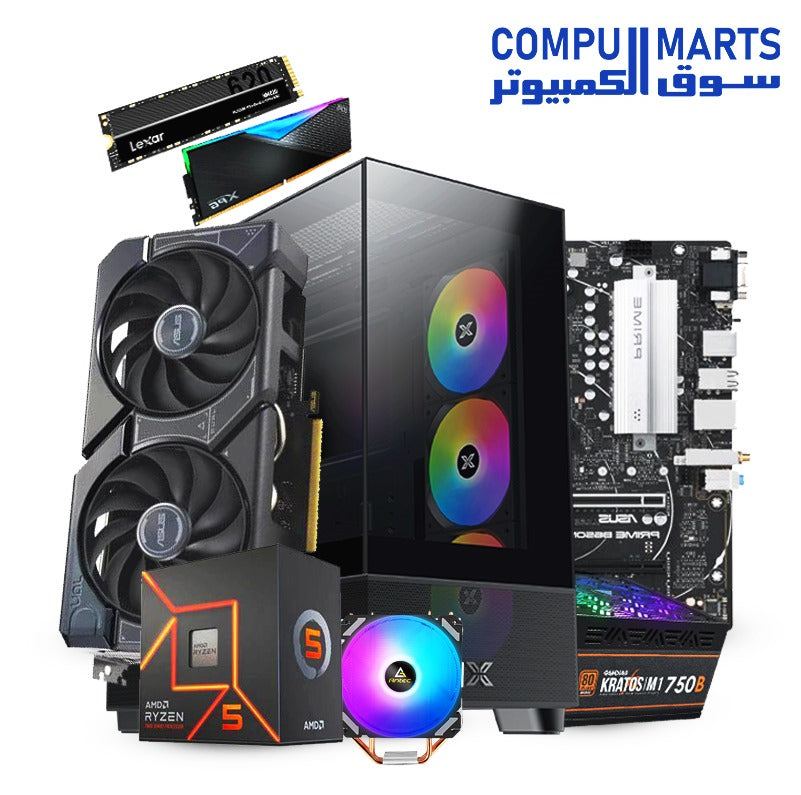AMD Ryzen 5 7500F-ASUS PRIME B650M-A-XPG Lancer RGB 32GB-Lexar NM620 M.2 2280-ASUS Dual GeForce RTX 4060 Ti EVO OC Edition 16GB-Xigmatek Endorphin Air V2 4 Argb FAN-Antec A400i Neon RGB-GAMDIAS HELIOS M1-750B-BUNDLE
