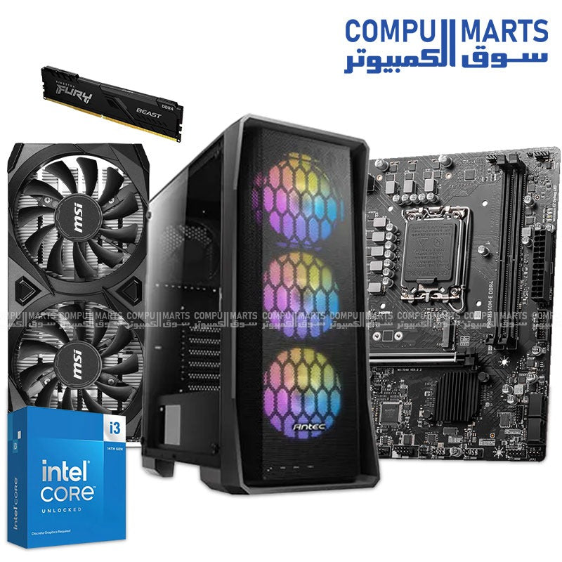 MSI Gaming PC Bundle featuring Intel Core i3-14100F, RTX 3050 6GB GPU, MSI H610M-E DDR4 motherboard, Kingston FURY 8GB DDR4 RAM, Samsung 256GB SSD, and Antec NX360 Case with V450 PSU – Ideal budget gaming PC in Egypt
