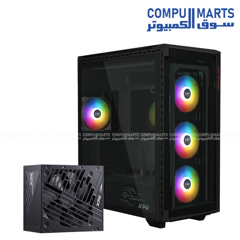 XPG CORE REACTOR II VE 850W Gold Power Supply and XPG BATTLECRUISER II Black RGB Gaming Case Bundle – High-performance modular PSU and ARGB mid-tower case in Egypt.