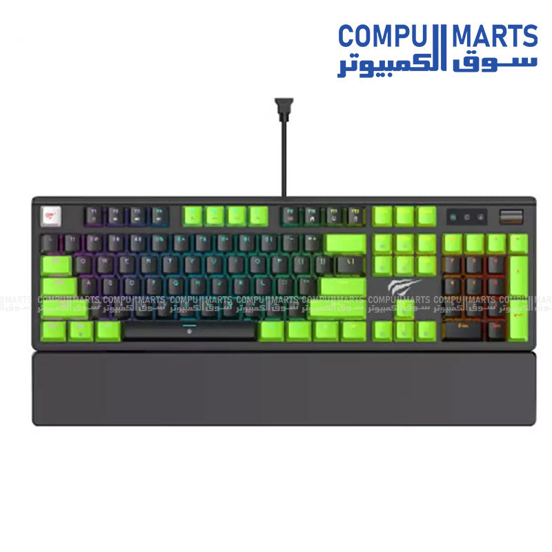 Havit Gamenote KB926L keyboard featuring Black & Green color, wired USB connectivity, RGB backlit lighting, and PC Windows compatibility