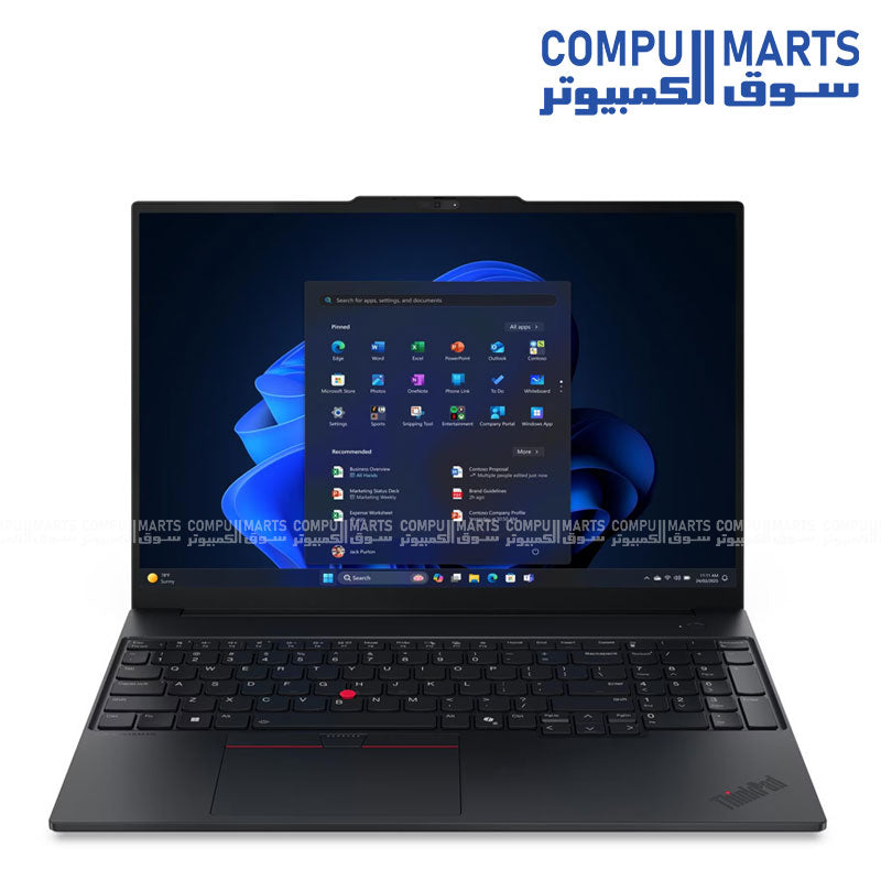 Lenovo ThinkPad E16 Gen 3 aluminum laptop with 16-inch WUXGA IPS display and Intel Arc 140T graphics on white background