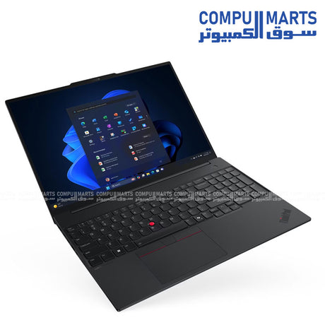 Lenovo ThinkPad E16 Gen 3 aluminum laptop with 16-inch WUXGA IPS display and Intel Arc 140T graphics on white background