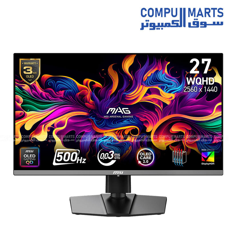 MAG 272QP QD‑OLED X50 – Monitor – MSI – 27″ QHD – 500Hz – 0.03 ms – HDR True Black 500 – ClearMR 21000 – OLED Care 2.0