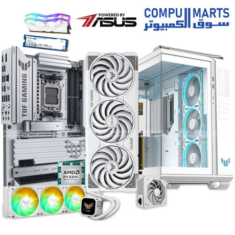 ASUS TUF White Gaming PC build featuring Ryzen 7 9700X processor, RTX 5070 Ti 16GB graphics card, 32GB DDR5 RAM, 1TB NVMe SSD, and TUF components in a white