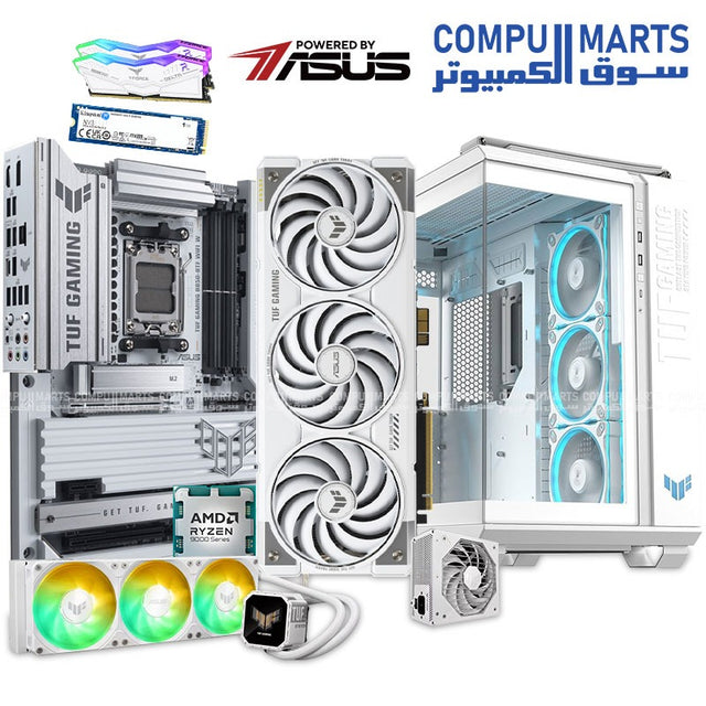 ASUS TUF White Gaming PC build featuring Ryzen 7 9700X processor, RTX 5070 Ti 16GB graphics card, 32GB DDR5 RAM, 1TB NVMe SSD, and TUF components in a white