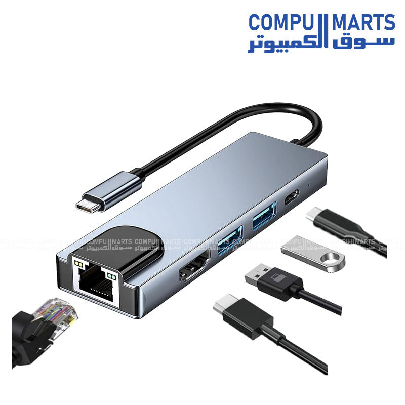 USB-C Hub 5-in-1 with 4K HDMI, Ethernet, and USB 3.0 – Compact Multiport Adapter for Laptops and Tablets