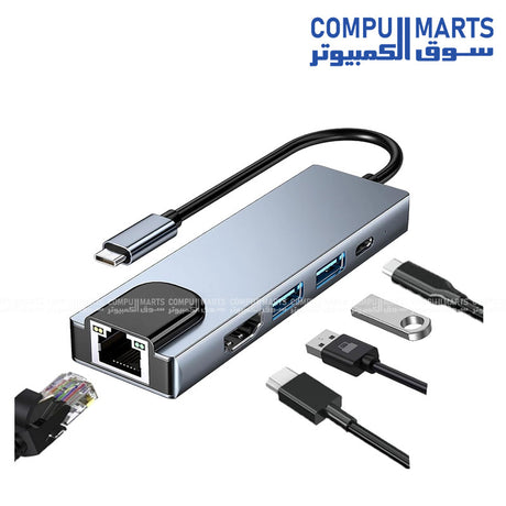 USB-C Hub 5-in-1 with 4K HDMI, Ethernet, and USB 3.0 – Compact Multiport Adapter for Laptops and Tablets