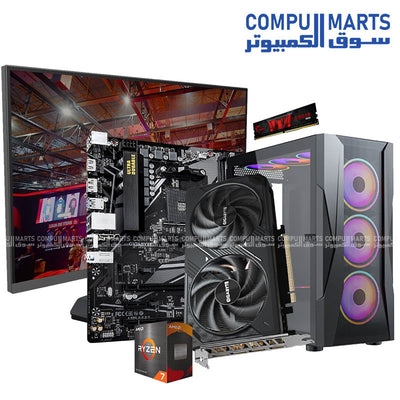 1st TECH RED BUNDLE 7-7 Ryzen 7 RTX 5060 desktop PC bundle with AMD Ryzen 7 5700X, 16GB DDR4 memory, 256GB NVMe SSD, and 23.8-inch IPS 200Hz monitor