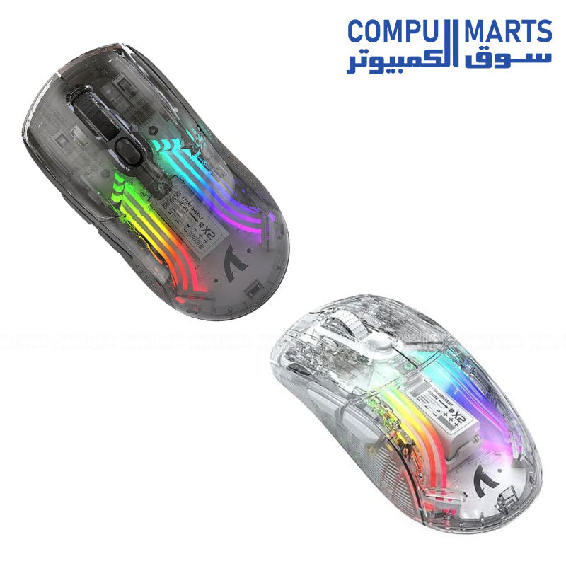 Attack Shark X2 transparent wireless RGB gaming mouse with 5 DPI levels.
