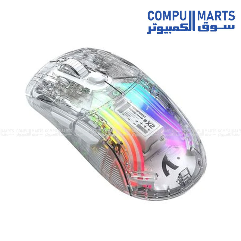 Attack Shark X2 transparent wireless RGB gaming mouse with 5 DPI levels.