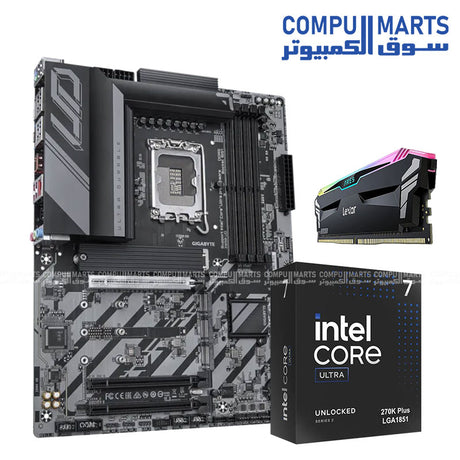 Intel Core Ultra 7 270K Plus 24-Core Desktop Processor bundle with Lexar ARES 32GB 7200MHz RGB DDR5 memory and GIGABYTE Z890 UD LGA1851 ATX motherboard available in Egypt