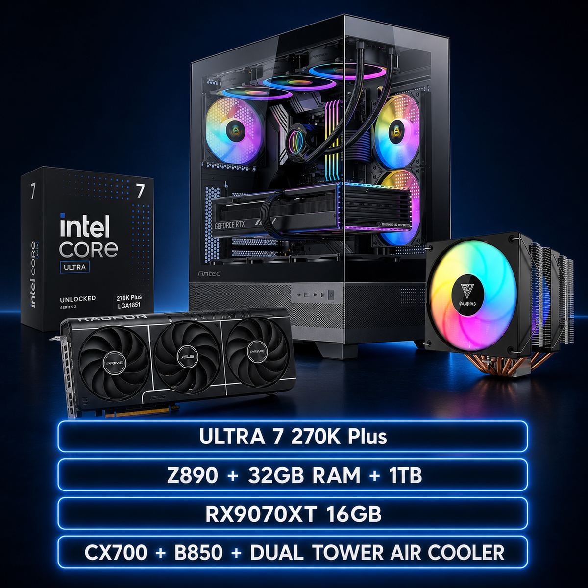 SUPERNOVA V1 Gaming PC – Intel Core Ultra 7 270K Plus – RX 9070 XT 16GB – Z890 – 32GB DDR5 – 1TB NVMe