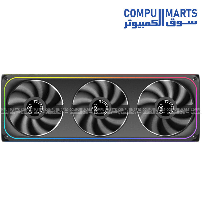 Xigmatek AERO DGT 360 liquid CPU cooler with Digital LED display, Four Side Infinity LED, 600-1500 RPM fan speed, and 42.74 CFM airflow