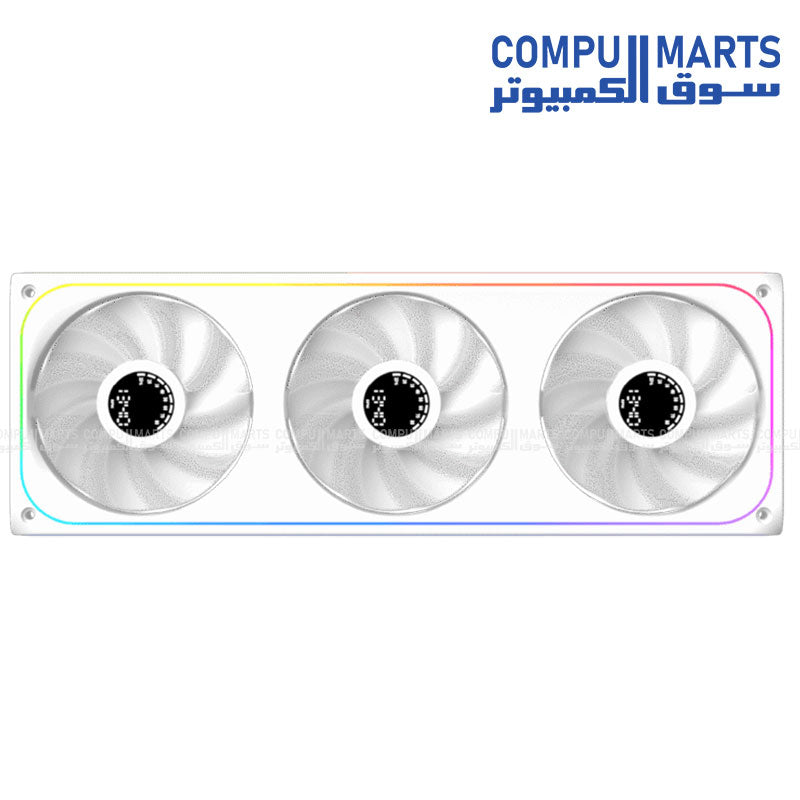 Xigmatek AERO DGT 360 liquid CPU cooler with Digital LED display, Four Side Infinity LED, 600-1500 RPM fan speed, and 42.74 CFM airflow