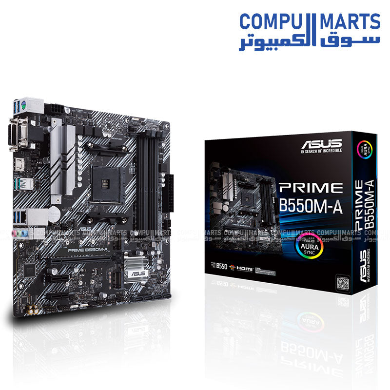 ASUS PRIME B550M-A AMD B550 Ryzen AM4 motherboard with dual M.2 support, PCIe 4.0 x16 slot, 1Gb Ethernet and mATX form factor available in Egypt