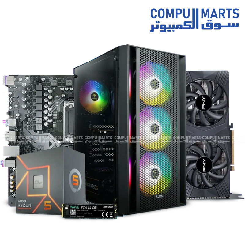 AMD Ryzen 5 7500F Processor + GIGABYTE A620M H Motherboard + PNY GeForce RTX 4060 Ti 16GB Verto Dual Fan GPU + HIKSEMI PCIe Gen 3 x4 NVMe M.2 SSD + GAMDIAS AURA GC2 Elite Version 2 ARGB Case + GAMDIAS GP750 PSU – High-Performance Gaming PC Build – Egypt

