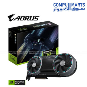 AORUS GeForce RTX 5090 INFINITY 32G graphics card with 32GB GDDR7 memory, 512-bit memory bus, 2730MHz core clock, PCIe 5.0 interface, and DisplayPort 2.1b connectivity available in Egypt