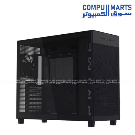 ASUS Prime AP303 tempered glass ATX mid tower gaming PC case with compact design and high airflow cooling support