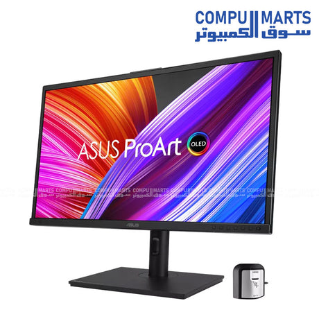 ProArt Display OLED PA27DCE-K with 3840 x 2160 resolution, 99% Adobe RGB color space, 90% Rec.2020 coverage, Delta E less than 1 color accuracy, and Calman Ready support for creative professionals in Egypt
