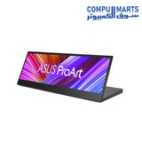 ASUS ProArt Display PA147CDV featuring 400cd brightness, 5ms GTG response time, ProArt Palette tools, and TÜV Flicker free certification