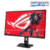 ASUS ROG Strix XG27UCMG 4K gaming monitor back panel showing Aura Sync lighting and ROG logo.