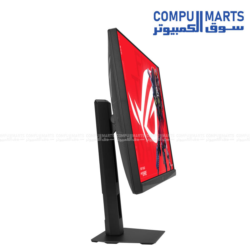 ASUS ROG Strix XG27UCMG side view displaying height adjustment, tilt, swivel, and ergonomic stand.