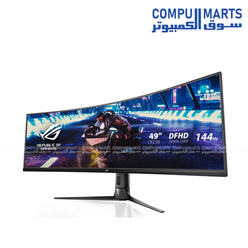 ASUS- ROG -Strix -XG49VQ -49″ -curved -super -ultra-wide -gaming -monitor- on desk
