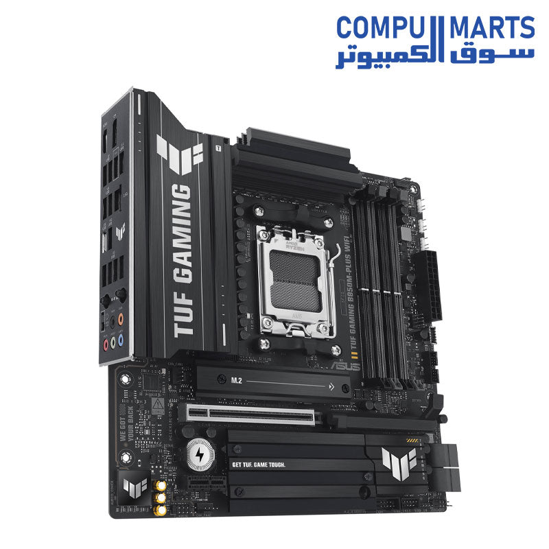 ASUS TUF Gaming B850M-PLUS WiFi AMD AM5 B850 mATX Motherboard, 14+2+1 80A DrMOS Stages, DDR5, PCIe 5.0, 3X M.2, Wi-Fi 6E, 2.5Gb LAN, DP, HDMI, USB 10Gbps ; 20Gbps Type-C, BIOS Flashback, Aura Sync