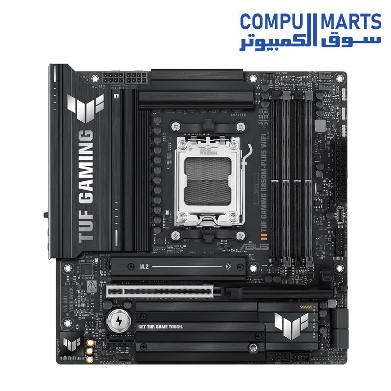 ASUS TUF Gaming B850M-PLUS WiFi AMD AM5 B850 mATX Motherboard, 14+2+1 80A DrMOS Stages, DDR5, PCIe 5.0, 3X M.2, Wi-Fi 6E, 2.5Gb LAN, DP, HDMI, USB 10Gbps ; 20Gbps Type-C, BIOS Flashback, Aura Sync