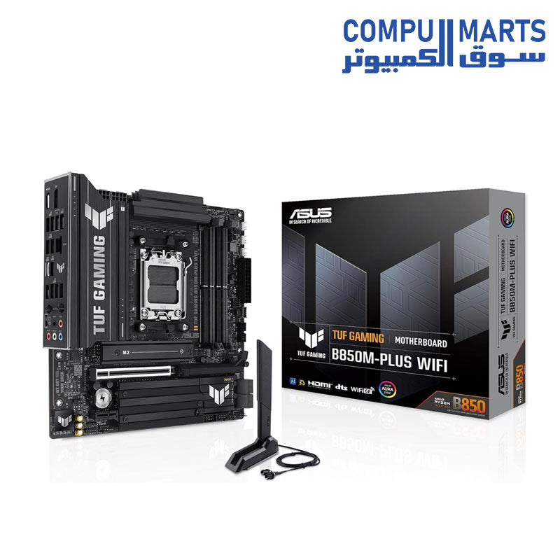 ASUS TUF Gaming B850M-PLUS WiFi AMD AM5 B850 mATX Motherboard, 14+2+1 80A DrMOS Stages, DDR5, PCIe 5.0, 3X M.2, Wi-Fi 6E, 2.5Gb LAN, DP, HDMI, USB 10Gbps ; 20Gbps Type-C, BIOS Flashback, Aura Sync