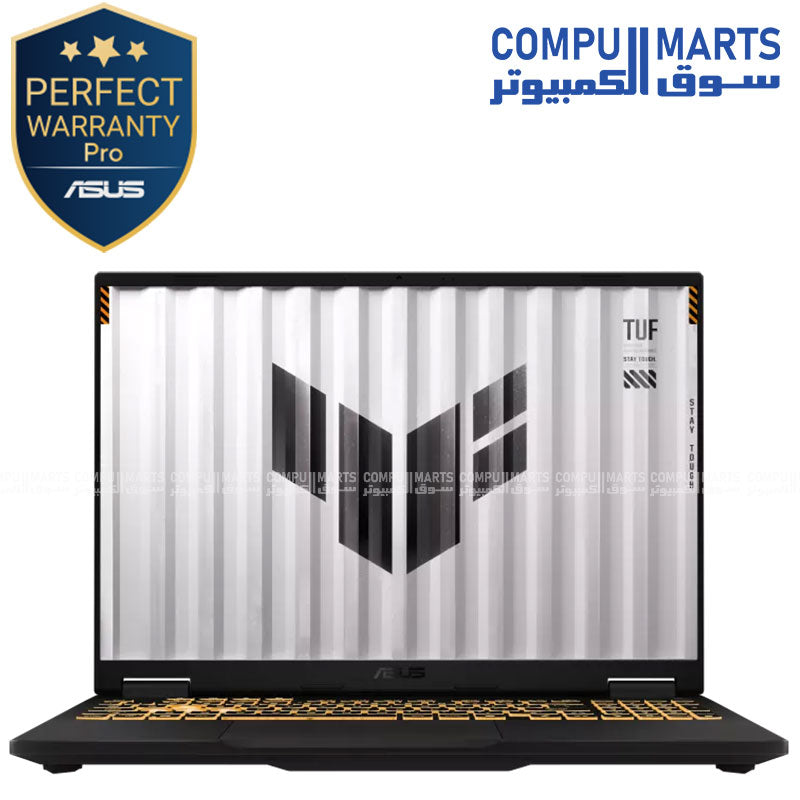 ASUS TUF Gaming F16 laptop with Intel i7-14650HX, RTX 5060 8GB, 16GB DDR5 RAM, 512GB SSD, 16-inch 165Hz display running Windows 11