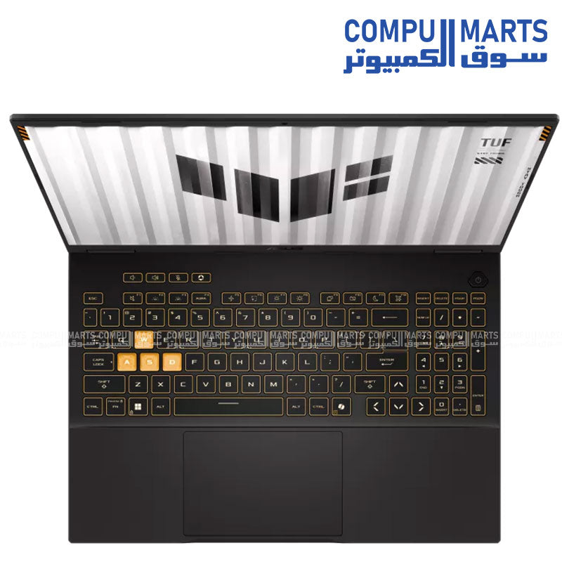 ASUS TUF Gaming F16 laptop with Intel i7-14650HX, RTX 5060 8GB, 16GB DDR5 RAM, 512GB SSD, 16-inch 165Hz display running Windows 11