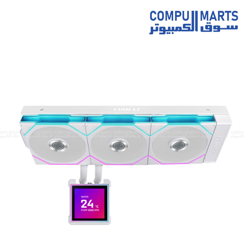 Lian Li CPU cooler with 500nit brightness display and fluid dynamic bearing fans at Compumarts