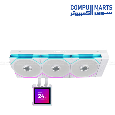 Lian Li CPU cooler with 500nit brightness display and fluid dynamic bearing fans at Compumarts