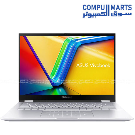 ASUS VivoBook Flip 14 front view with stylus – white background

