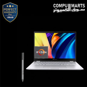 ASUS Vivobook S14 Flip TN3402YA-LZ007W convertible laptop with AMD Ryzen 7 7730U processor, 8GB DDR4 memory, 512GB PCIe SSD, 14-inch WUXGA touchscreen display, Windows 11 Home, ASUS Pen support, and 360° hinge