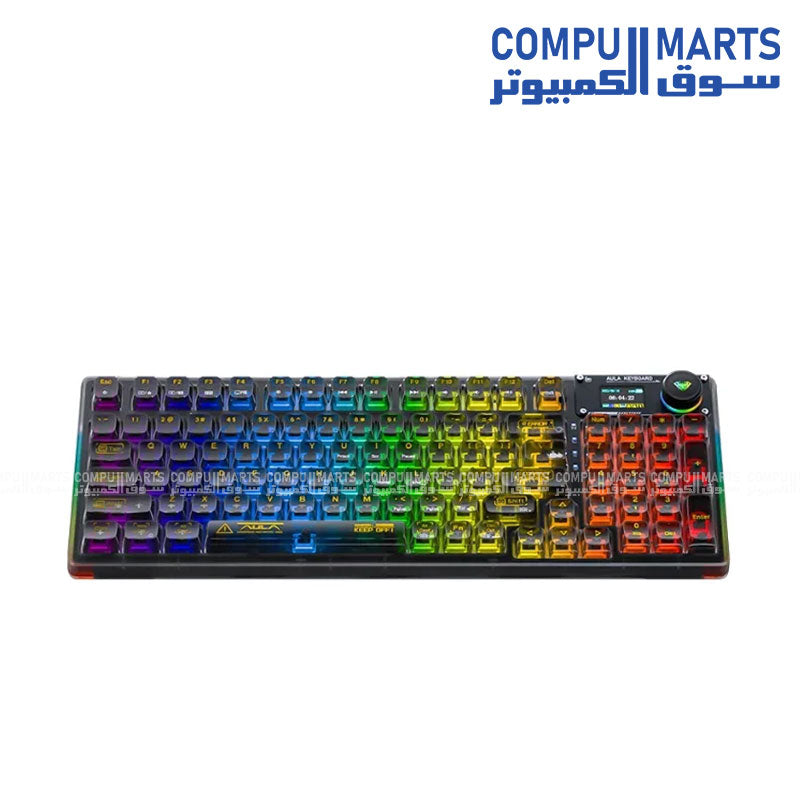 AULA F98 Pro Knob Version Keyboard Compact 98-Key Layout Tri-Mode Bluetooth 2.4G USB-C Transparent Hot-Swap Design South-Facing RGB Lighting Gasket-Mounted Structure Ice Crystal Switch Black Clear Arabic Layout