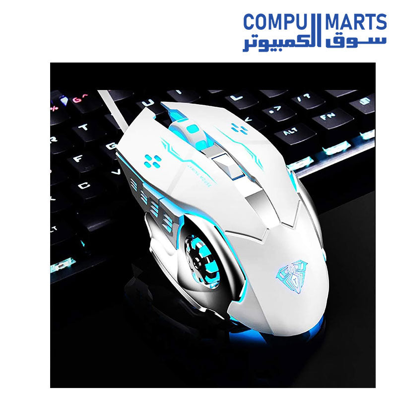Gaming, FPS, MOBA, and office use AULA S20 mouse with Optical Sensor, Wired USB connection, and 6 Macro Buttons in White and Black