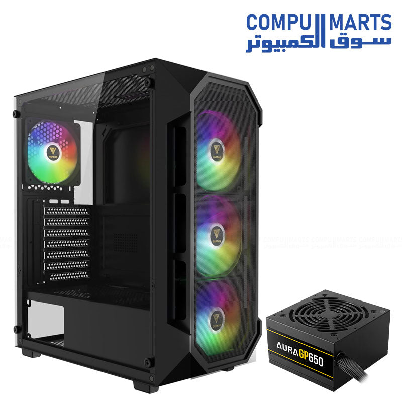 AURA GC1 ELITE Gaming Case with AURA GP650 650W Power Supply ATX Mesh Panel - Black
