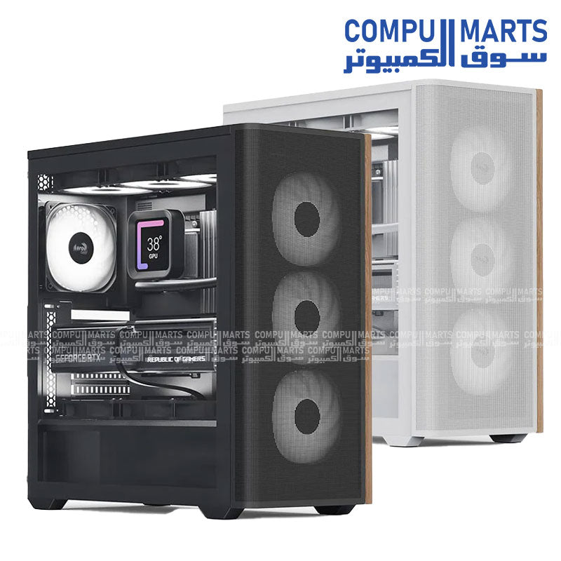 AeroCool D501A – Mid Tower Gaming Case – AeroCool – Wood-accented mesh front, ARGB lighting, 360mm radiator support