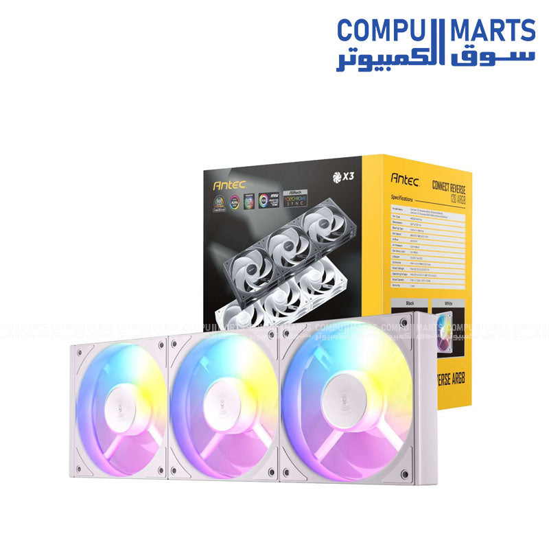 Antec Connect C120R white reverse ARGB 3-fan pack for high-airflow PC cooling