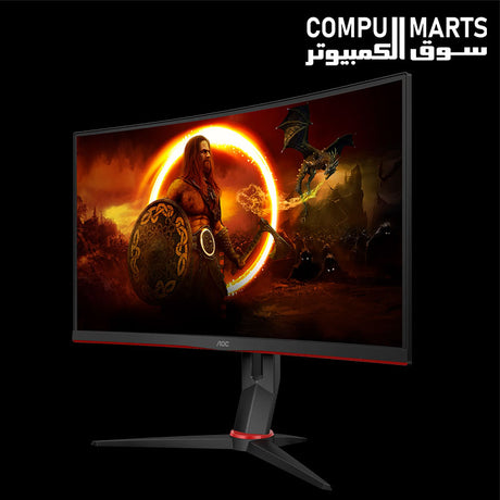 AOC C24G2 Full HD 1920x1080 curved gaming monitor with slim bezels and black and red design.