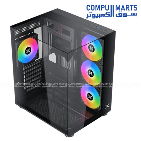 Xigmatek Crystal Storm black mid-tower PC case with curved tempered glass and four ARGB fans
