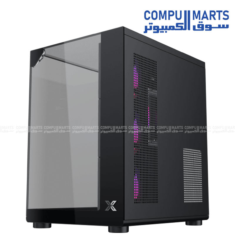 Xigmatek Crystal Storm black mid-tower PC case with curved tempered glass and four ARGB fans